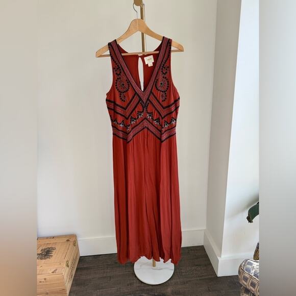 ANTHROPOLOGIE DESERT EMBROIDERED JUMPSUIT RUST BURT ORANGE BLACK TRIM - Picture 2 of 9